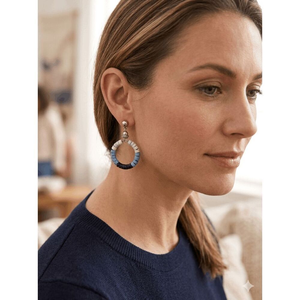 New! Chico's Silver Tone Blue Aqua Heishi Bead Hoops Post style Earrings